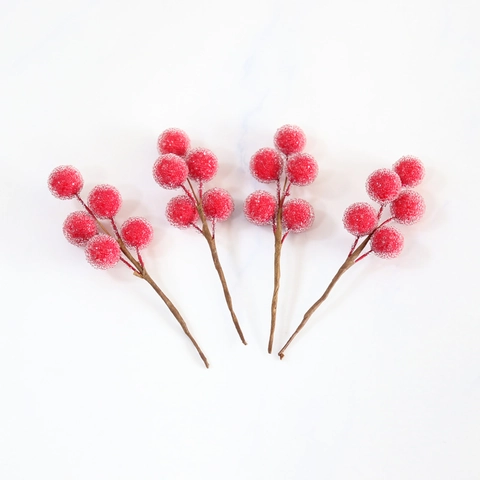 Artificial Christmas Red Berry Stems Frosted Glass Beads For DIY Holiday Floral Arrangements Home Wedding Gift Decor