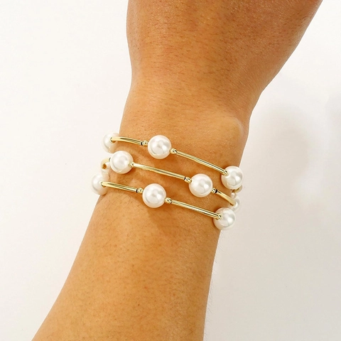 Elegant Imitation Artificial Pearl Elastic Bracelet Curved Tube Gold Or Silver Plated Stackable Bangle Jewelry For Women Gift