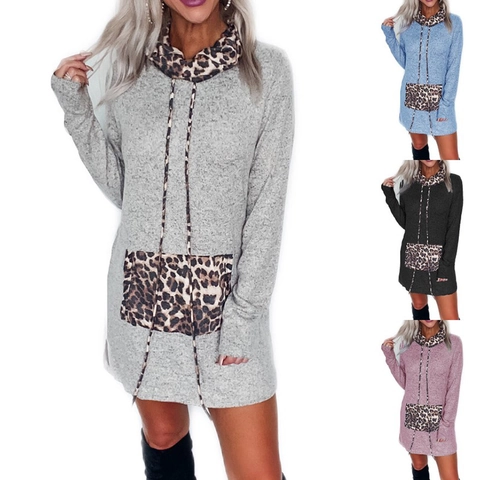 Dames Luipaardprint Hoodie Jurk Lange Mouw Zak Patchwork Casual Herfst Winter Streetwear Sweatshirt Jurk Comfortabele Jurk