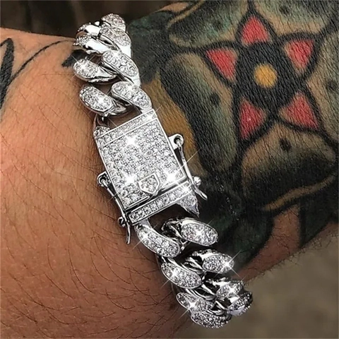 Bracciale A Catena Cubana Iced Out Hip Hop Lega Strass Gioielli In Metallo Lucido Per Uomini Donne