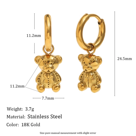 Orecchini A Cerchio Mini Orso Acciaio Inossidabile Placcato Oro 18K Pendente Animale Texturizzato Gioielli Vintage Donna