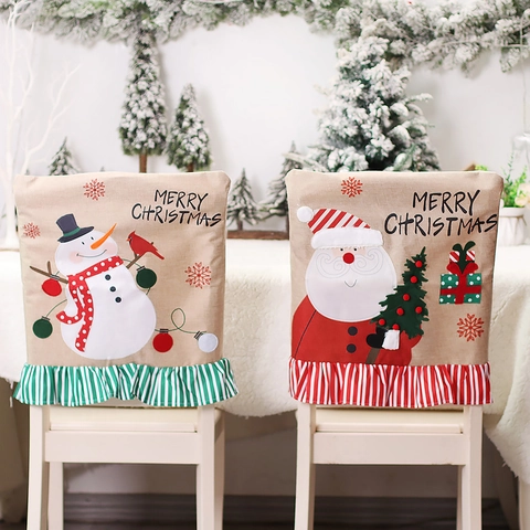 Cartoon Weihnachtsmann Schneemann Weihnachts Stuhlhussen Jute Optik Esszimmer Stuhl Rückenlehnen Gestreift Rüschensaum Dekor
