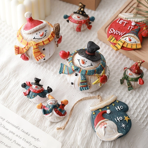 Décorations De Noël Vintage En Résine Père Noël Bonhomme De Neige Miniature Décor De Table Texture Bois Fête Maison