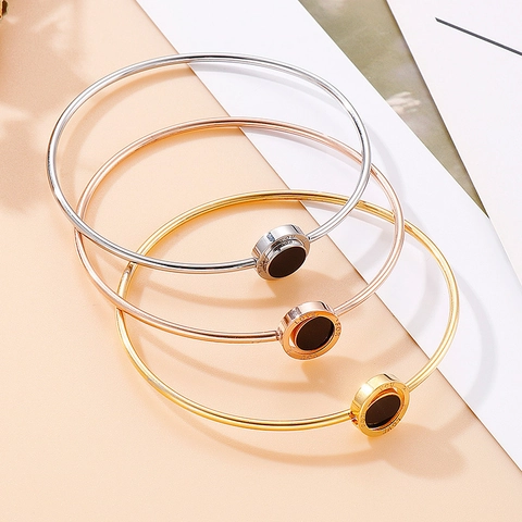 Bracciale Rigido In Acciaio Inossidabile Per Donna Disco In Resina Nera Inciso Love For You Gioiello Di Moda Elegante