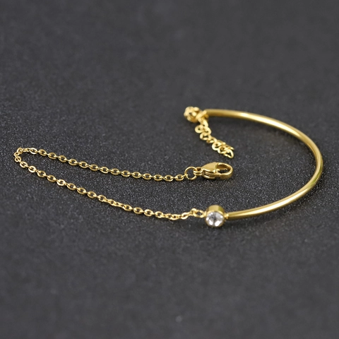 Stainless Steel Bracelet Women 18K Gold Plated Half Bangle Half Chain Minimalist Round Zircon Inlaid Adjustable