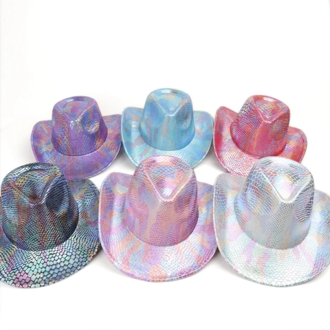 Metallic Holographic Fish Scale Western Cowboy Hat Sequin Shiny Wide Brim Party Dance Performance Fedora Hat For Men Women