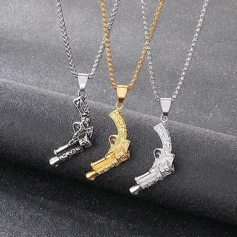 Collar Con Colgante De Pistola Revólver Acero Inoxidable Relieve Tallado Hip Hop Punk Vintage Joyería Streetwear Para Hombre