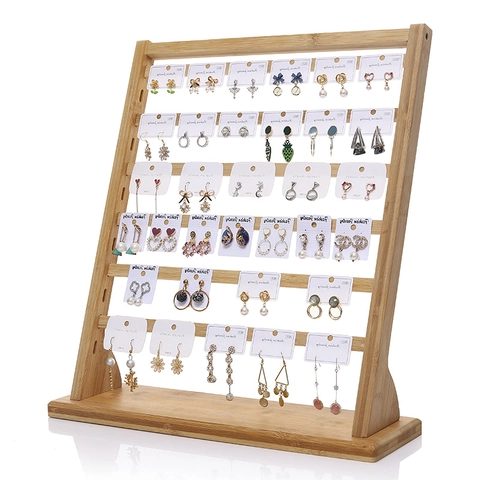 Multi Tier Bamboo Earring Display Stand Wooden Jewelry Organizer Rack For Stud Earrings Card Holder Large Capacity Desk