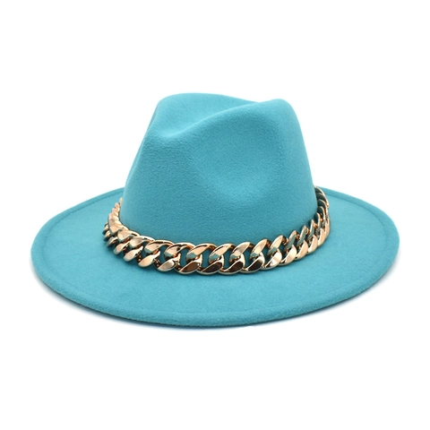 Fedora Hat Woolen Wide Brim Jazz Hat With Thick Gold Chain British Style Autumn Winter For Men Women