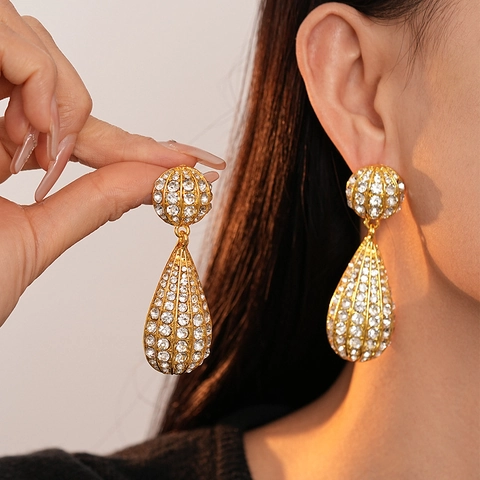 Oversized Teardrop Dangle Earrings Alloy Rhinestone Hollow Geometric Statement Jewelry For Women With Silver Earring Post