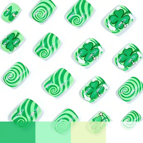 St Patrick Day Press On Nails Short Square Glossy Green Shamrock Clover Swirl Design Artificial Fake Nails For Women