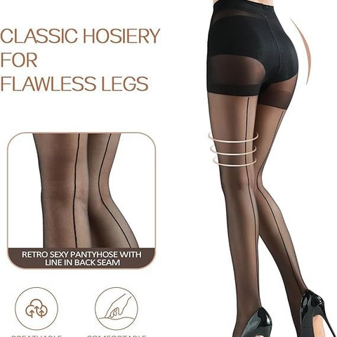 Women Sexy Back Seam Pantyhose Sheer Nylon Spandex Seamed Tights Control Top Slimming Vintage Hosiery Plus Size