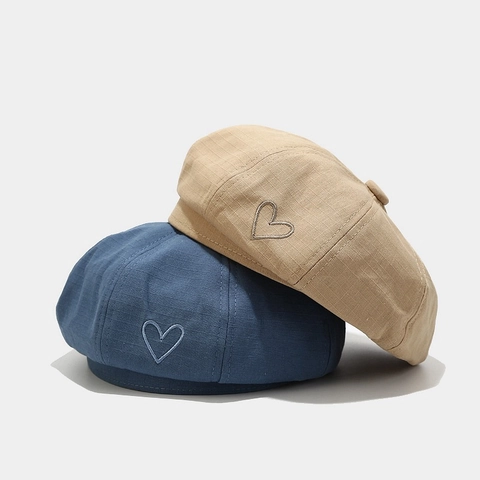 Boina Bordada Corazón Para Mujer Estilo Pintor Francés Vintage Algodón Lino Gorra De Vendedor De Periódicos Color Sólido Transpirable
