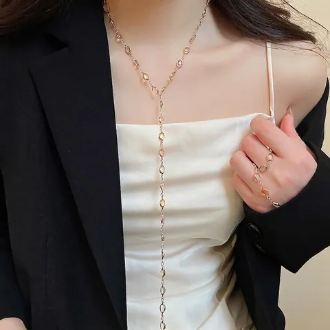 Elegant Gold Copper Y Necklace And Hand Chain With Ring Resin Oval Gemstone Jewelry For Women