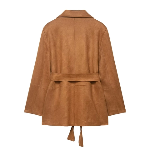 Giacca Blazer In Scamosciato Sintetico Per Donna Maniche Lunghe Con Cintura Risvolto Casual Ufficio Tasche