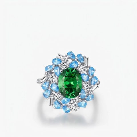 Vintage 925 Sterling Silver Emerald Green Zirconia Ring Luxury Oval Square Cluster Flower Statement Ring For Women Jewelry