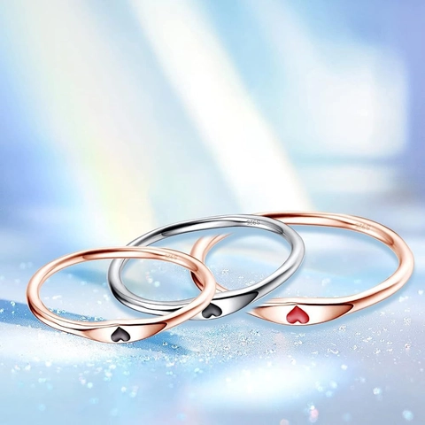 Anillo de Corazón de Plata de Ley S925 Minimalista Esmalte Forma de Corazón Banda Delgada Anillo para Mujer Joyería de Moda Accesorio