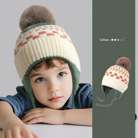 Kinderen Winter Gebreide Muts Met Oorkleppen Warm Winddicht Pompon Zachte Katoenen Voering Jacquard Patroon