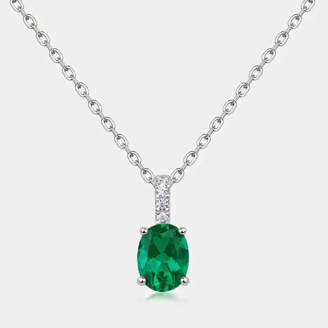 Oval Lab-Grown Emerald Pendant Necklace 925 Sterling Silver Vintage Retro Jewelry For Women