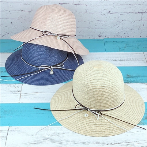 Women Straw Bucket Hat Woven Sun Protection Foldable Beach Cap With Artificial Pearl Bow Ribbon Elegant Summer Travel Outdoor