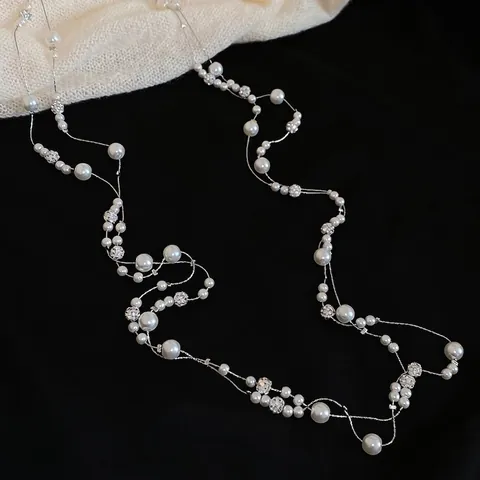 Mehrlagige Lange Künstliche Perlenkette Elegante Strass Legierung Pulloverkette Retro Stil Für Damen