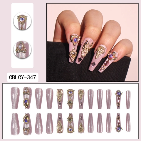 Coffin Press On Nails Purple Cat Eye Gold Baroque Metal Charms Heart Rhinestones Luxury Hand-made Style For Women