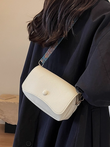 Women Crossbody Bag PU Leather Litchi Pattern Small Square Purse With Wide Ethnic Bohemian Adjustable Shoulder Strap