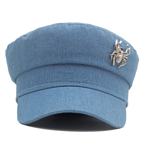 Vintage Denim Cadet Pet Met Metalen Spinnenbadge Gewassen Platte Marine Hoed Voor Heren En Dames Retro