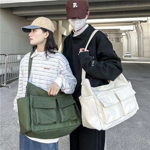 Grote Capaciteit Canvas Crossbody Tas Multi Pocket Messenger Bag Voor Studenten Casual Werkkleding Stijl Schoudertas