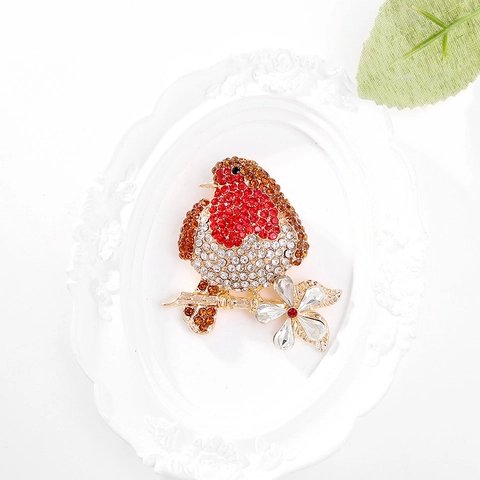 Elegante Roodborstje Vogel Brosche Legering Strass Kristal Bloem Tak Speld Natuur Sieraden Voor Dames Kleding