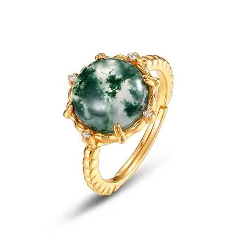 Vintage 925 Sterling Silver Moss Agate Adjustable Ring Gold Plated Rhinestone Bohemian Round Geometric Finger Ring For Women