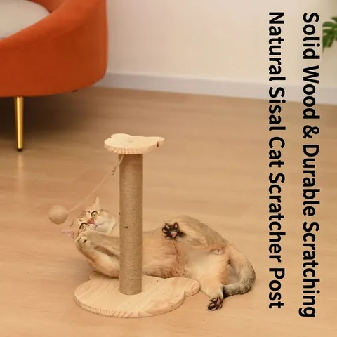 Cat Tree Scratching Post Wood Sisal Rope Cat Tower With Interactive Hanging Ball Feather For Indoor Cats Activity Center