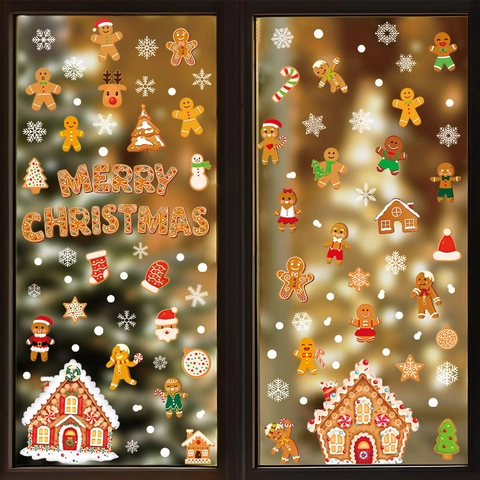 Adesivi Per Finestre Di Natale Omino Di Pan Di Zenzero Casa Fiocchi Di Neve PVC Statico Decorazione Festiva Per Porte In Vetro Specchi