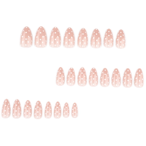 Faux Ongles À Presser Forme Amande Base Rose Nude Motif À Pois Blancs Ongles Artificiels Brillants Pour Femmes