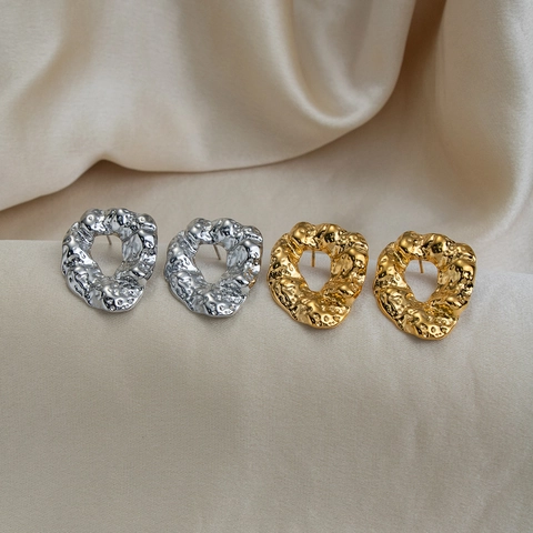 Irregular Round Stud Earrings 304 Stainless Steel 18K Gold Plated Textured Hammered Retro INS Style For Women