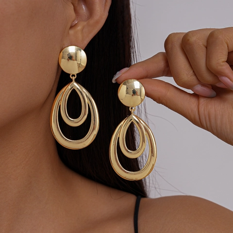 Alloy Geometric Teardrop Earrings With 925 Sterling Silver Earring Post Double Layer Hollow Smooth Metallic Statement Fashion