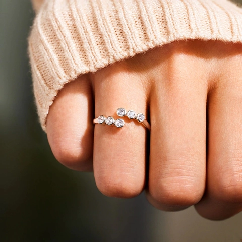 925 Sterling Silber Bypass Ring Runde Zirkonia Verstellbares Offenes Design Minimalistischer Schmuck Damen