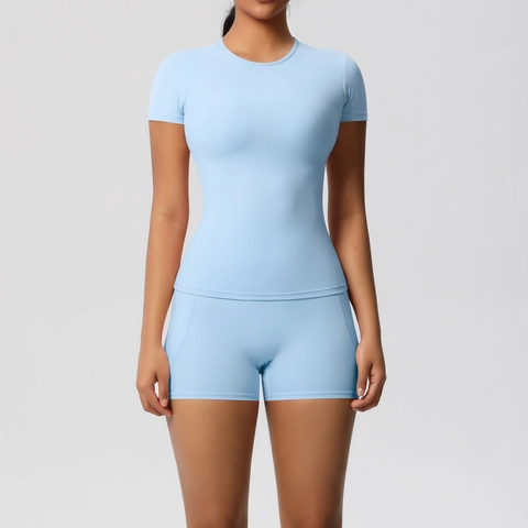 Damen Yoga Kurzarm Oberteil Und Hoch Taillierte Enge Shorts Einfarbig Atmungsaktiv Elastisch Fitness Workout Sportbekleidung