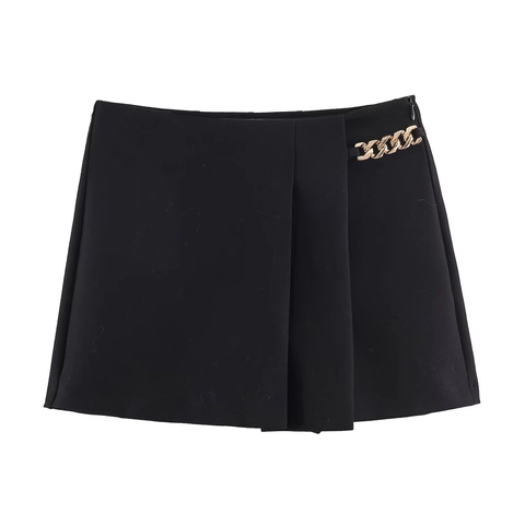 Elegant High Waist Pleated Shorts For Women Gold Chain Decor A-Line Casual Polyester Spandex Skorts