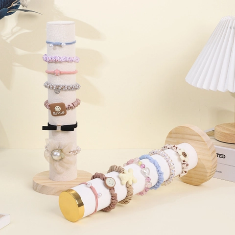 Hair Scrunchie Display Stand Solid Wood Base Velvet Bracelet Holder Cylindrical Jewelry Storage Vertical Rack Metal Cap