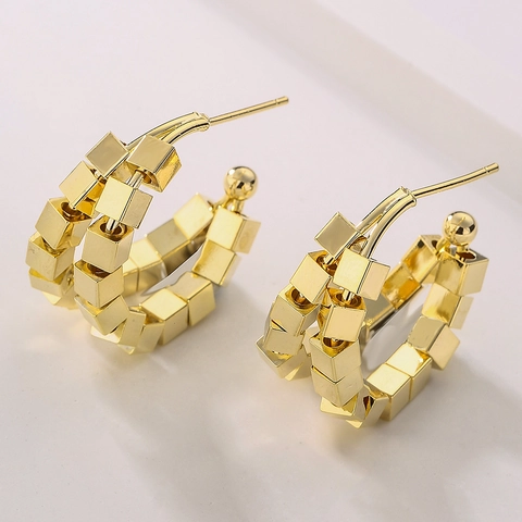 Geometric Cube Square Hoop Earrings For Women Copper Gold Plated C-Shaped High-End Minimalist Fashion Jewelry