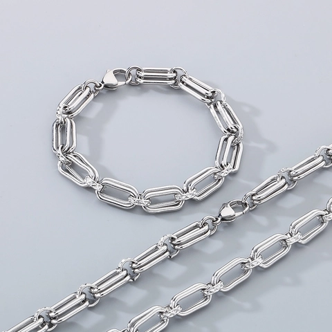 Collar Y Pulsera De Acero Inoxidable Para Hombre Joyería De Eslabones Ovalados Estilo Punk Minimalista Moderno Plateado