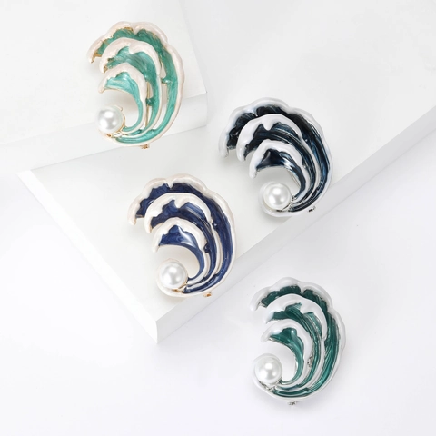 Ozeanwelle Brosche Legierung Emaille Künstliche Perle Nadel Vintage Elegant Küstenstil Mode Schmuck Geschenk Für Frauen