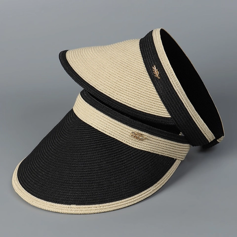 Sombrero De Sol Sin Copa Para Mujer Paja De Papel Ala Ancha Color De Contraste Playa Exterior Gorra Moda Decoración Metal