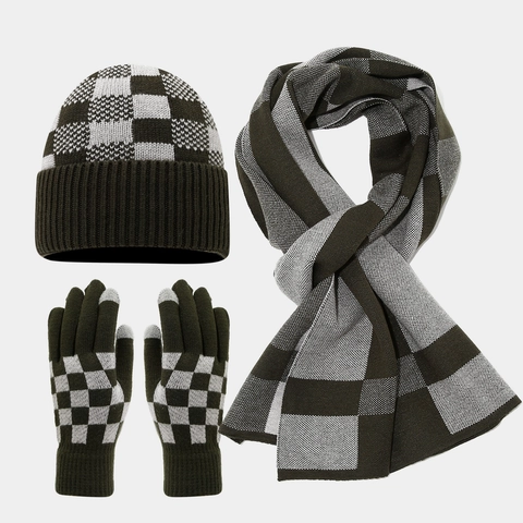 Winter Warm Knit 3-Piece Set Checkerboard Plaid Beanie Hat Long Scarf Touchscreen Gloves For Men Women Outdoor Acrylic Neck Warmer