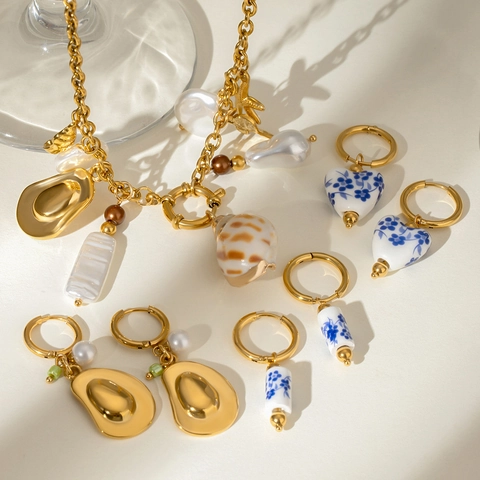 Bijoux Acier Inoxydable Perles Eau Douce Pendentif Coquillage Collier Coeur Boucles Oreilles Céramique Style Western Femmes