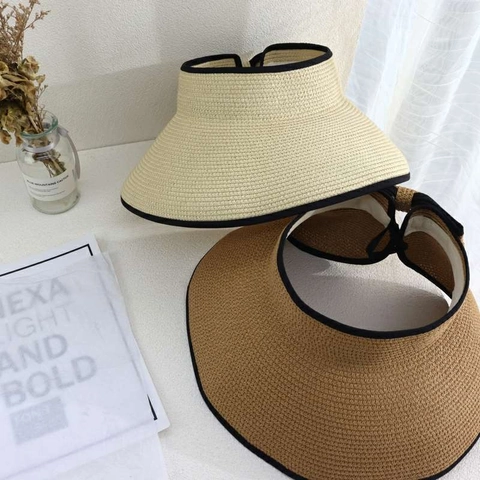 Straw Sun Visor Hat Wide Brim Empty Top Bow Decoration Foldable Breathable Beach UV Protection For Women