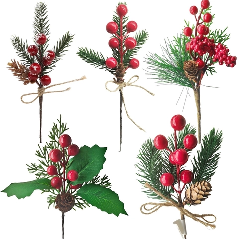 Pics De Pin Artificiels De Noël Avec Baies Rouges Pommes De Pin Et Nœud En Corde De Chanvre Décor De Flocon De Neige Pour Sapins