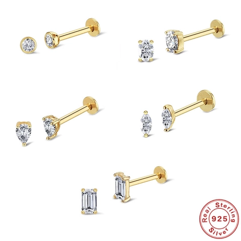 925 Sterling Silver Cartilage Stud Earring Internal Thread Flat Back Geometric Zirconia Helix Piercing Jewelry For Women