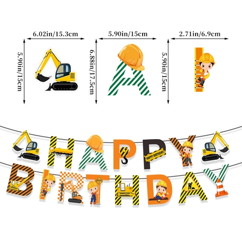 Decorazione Festa Compleanno Cantiere Escavatore Striscione Toppers Torta Spirali Appese Carta Giallo Nero Tema Camion